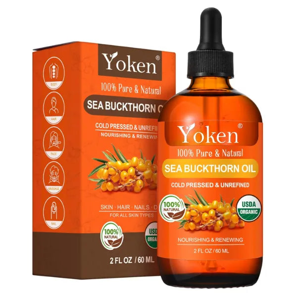 Yoken USDA Sea Buckthorn Oil Organic for Face Hair & Nails 2oz - 100% Cold Pressed Natural Facial Oils from SeaBuckthorn Berry for Deep Hydration & Skin Nourishment, aceite de espino amarillo organico