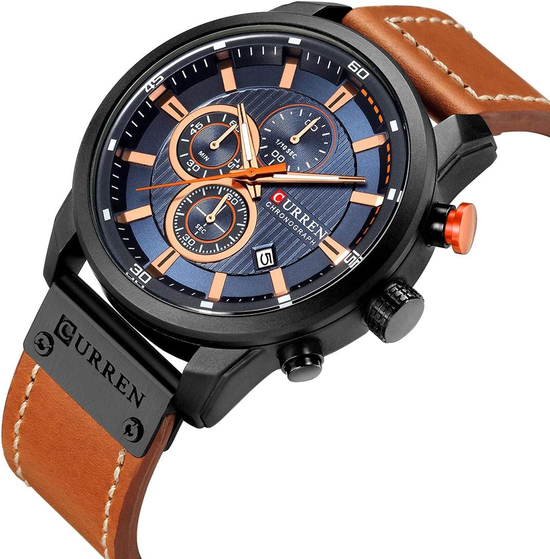 CURREN Men Leather Strap Military Watches Men's Chronograph Waterproof Sport Wrist Date Quartz Wristwatch Gifts, gold brown, Chronograph,Quartz Movement