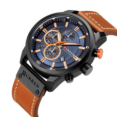 CURREN Men Leather Strap Military Watches Men's Chronograph Waterproof Sport Wrist Date Quartz Wristwatch Gifts, gold brown, Chronograph,Quartz Movement
