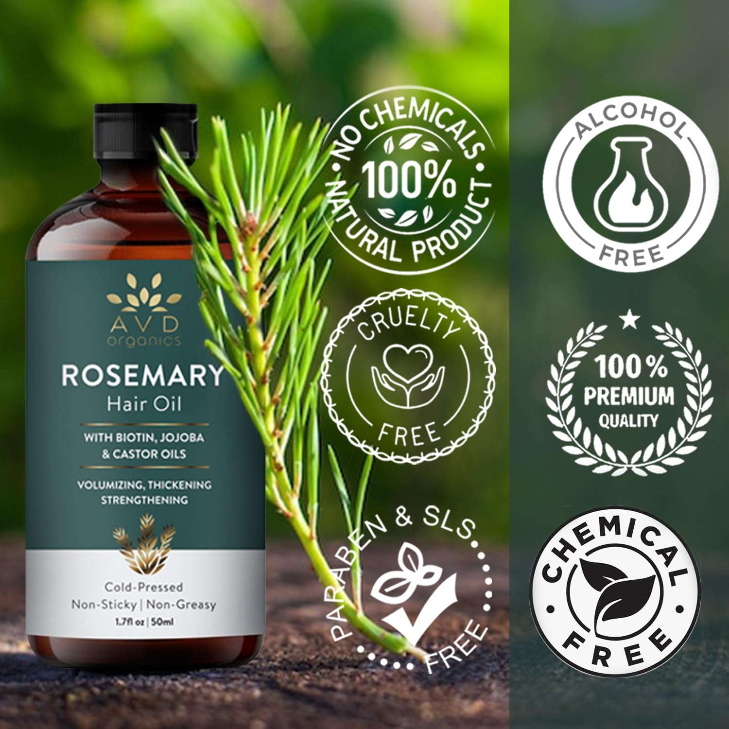 AVD Organics Rosemary Hair Oil with Biotin for Hair Strengthening Nourishing and Volumizing Formula with Jojoba and Castor Oil | Non GMO Verified 50ML