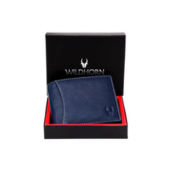 WildHorn Navy Leather Wallet for Men I Contrast Stitching I Handcrafted I 8 Card Slots I 1 Zipper & 2 Currency Compartments - Blue