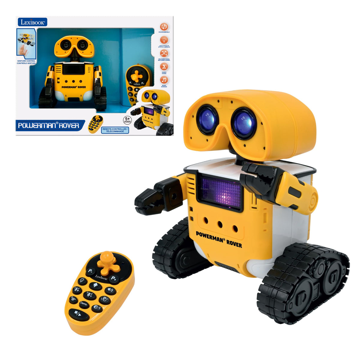 Lexibook, Powerman® Rover, Your adorable remote-controlled robot companion, Remote and gesture control, Plays music and dances, Repeats after you, Light and sound effects, STEM programmable