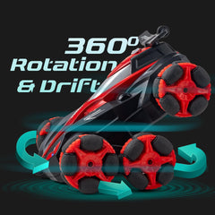 RC Car Toys, 6WD Remote Control Stunt Car, All-Terrain RC Car with 360° Swing-Arm, LED Lights, Music, Smoke Effects, 900 mAh Battery, Dual 2.4 Ghz & Motion-Sense Control - Toys for Kids (RED)
