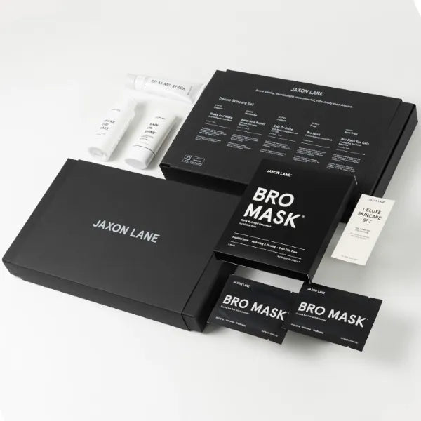 JAXON LANE Men's 5-Piece Deluxe Skincare Kit: Anti-Aging Korean Routine with Enzyme Face Wash, Moisturizer, SPF 50 Sunscreen, Bro Masks & Under Eye Patches
