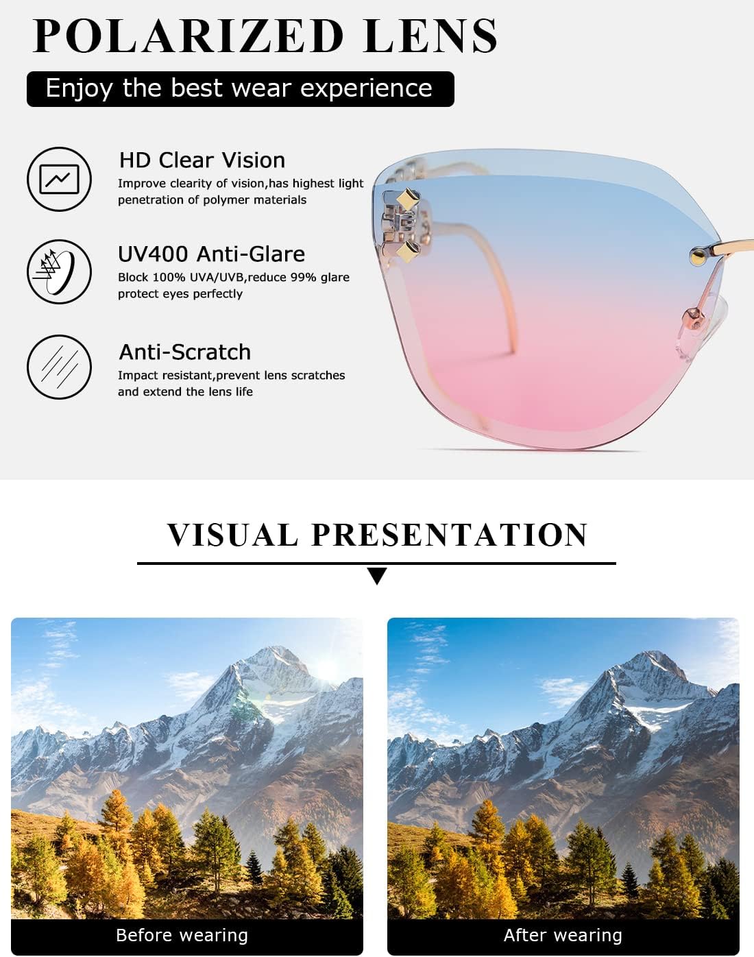 AEVOGUE Oversized Rimless Diamond Cutting Sunglasses for Women (AE0534) - Blue/Pink