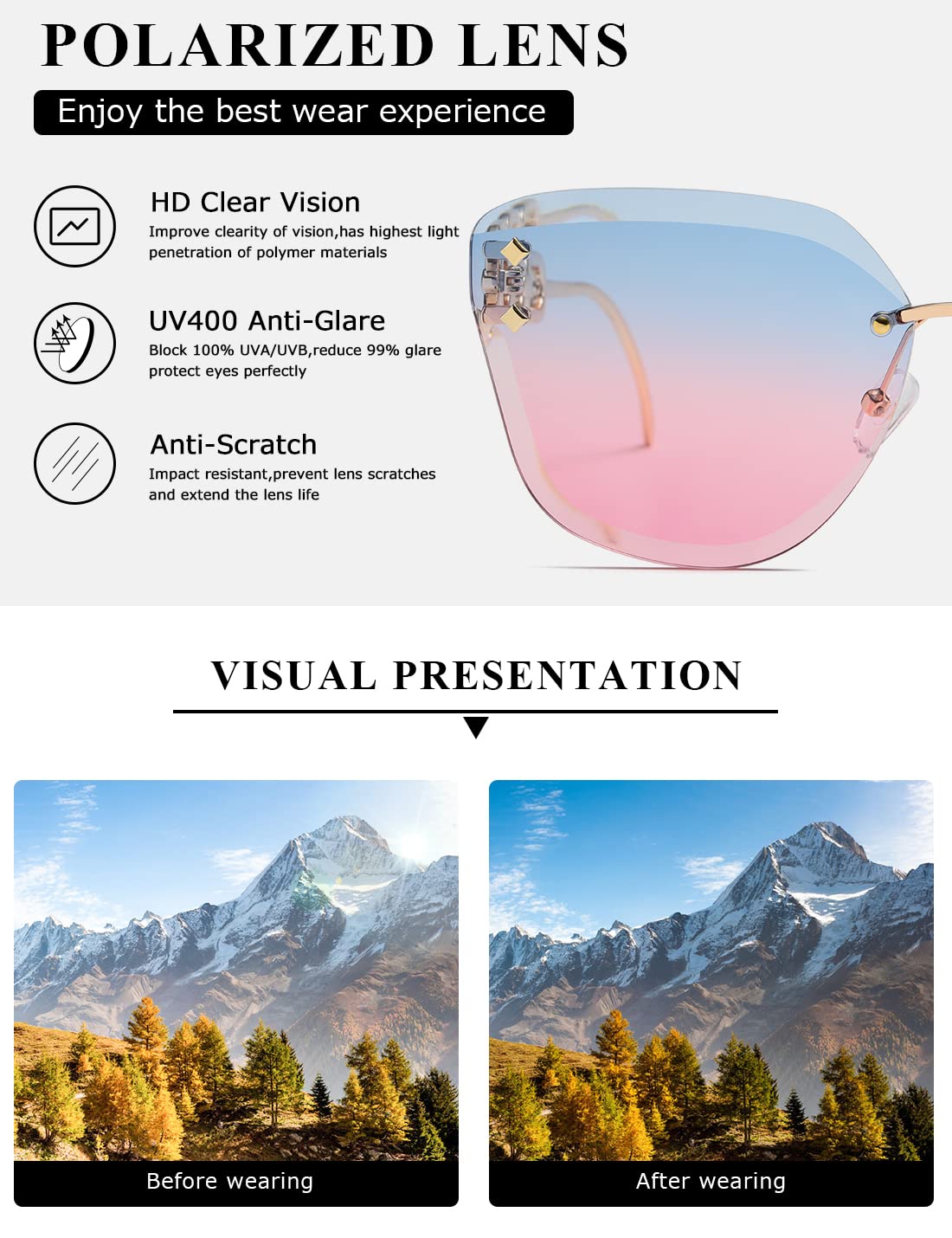 AEVOGUE Oversized Rimless Diamond Cutting Sunglasses for Women (AE0534) - Blue/Pink