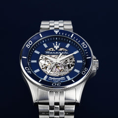 Maserati Men's Watch, Automatic, Analog, 44.00, bracelet, Steel Band, Sfida Collection - R8823140011 - Silver/Blue