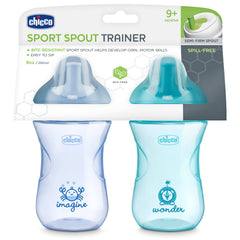 Chicco 9oz. Sport Spout Trainer with Semi-Firm, Bite-Resistant Spout and Spill-Free Lid | Top-Rack Dishwasher Safe | Easy to Hold with Ergonomic Indents | Pale Blue/Teal, 2pk| 9+ months