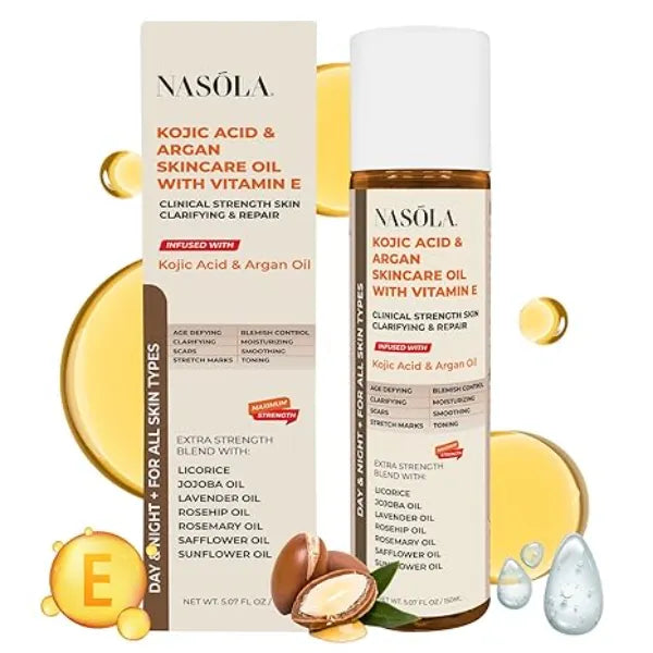 Nasola Kojic Acid Argan Skincare Bio Pure Oil with Vitamin E Face & Body Moisturizer Serum for Scars & Stretch Marks, 5.07 Fl Oz