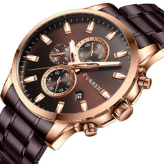 CURREN New Watch Men Fashion Sport Watch Stainless Steel Band Quartz Wristwatch Military Chronograph Clock Male Waterproof 8348, rose gold brown, Chronograph,Quartz Movement