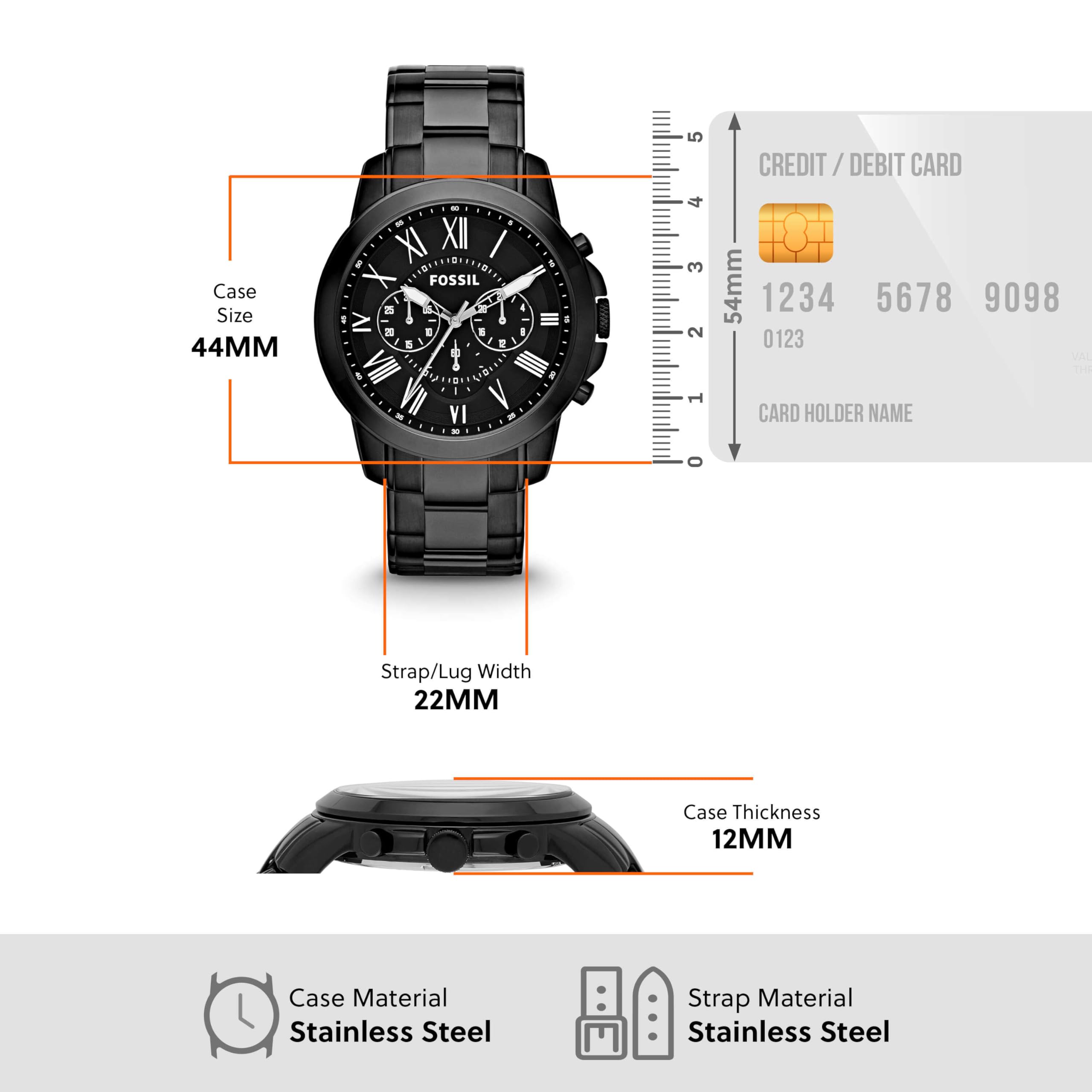 Fossil Watch for Men Grant, 44mm case size, Quartz Chronograph movement, Genuine Leather strap Black