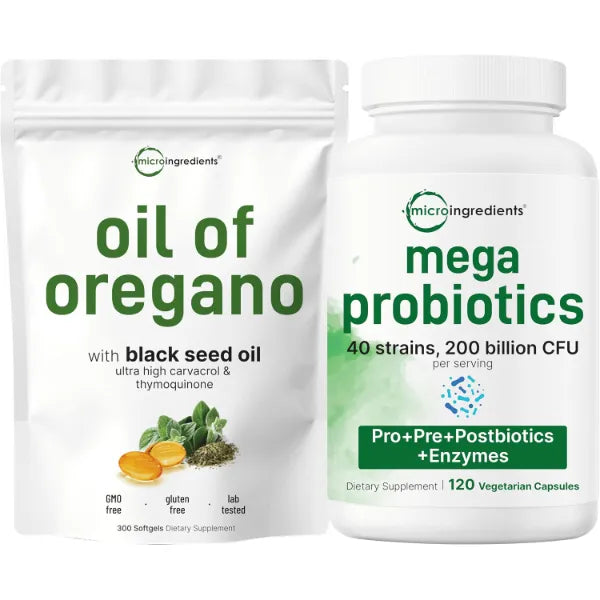 Micro Ingredients Oil of Oregano Softgels & Mega Probiotics 200 Billion CFU Veggie Capsules | 2 Pack Bundle | 4X Strength Thymoquinone + Black Seed | 40 Strains + Inulin, Acacia,& Bromelain
