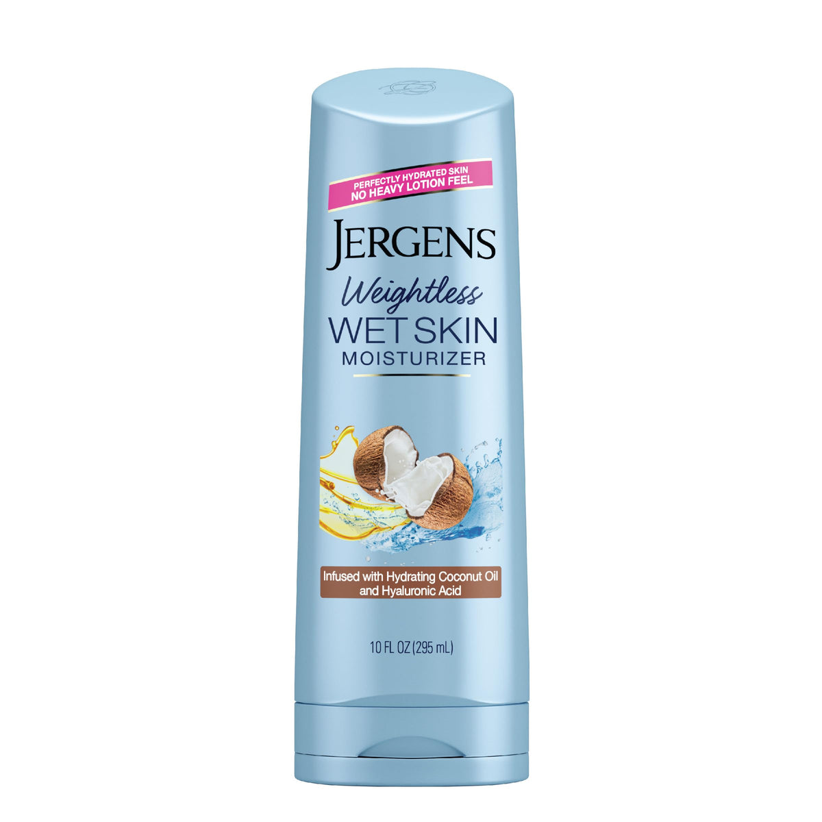 Jergens Wet Skin Oil Body Moisturizer, Shower Lotion for Dry Skin, Fast Absorbing, Non-Sticky, Dermatologist Tested, Essential, Coconut, 10 fl oz