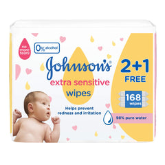 Johnson's Baby, Wipes, Extra Sensitive, 98% Pure Water, 2+1 Packs of 56_Wipes, 168 Count