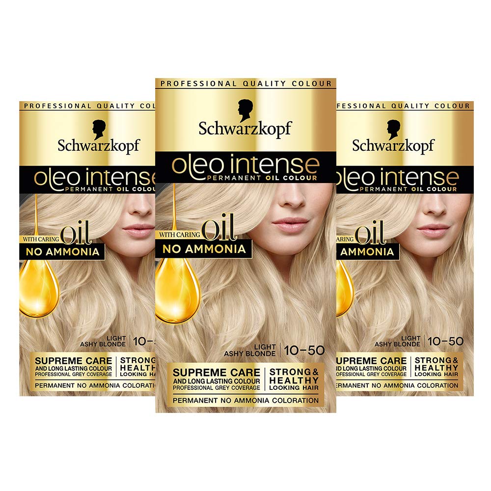 Schwarzkopf Oleo Intense Hair Dye, Pack of 3, Permanent Oil Colour, No Ammonia, Covers Grey, Ash Blonde 10-50