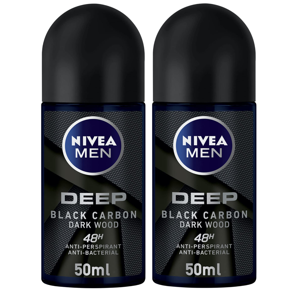 NIVEA MEN Antiperspirant Roll-on for Men, DEEP Black Carbon Antibacterial, Dark Wood Scent, 2x50ml