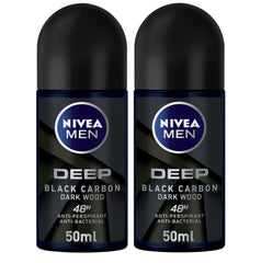 NIVEA MEN Antiperspirant Roll-on for Men, DEEP Black Carbon Antibacterial, Dark Wood Scent, 2x50ml