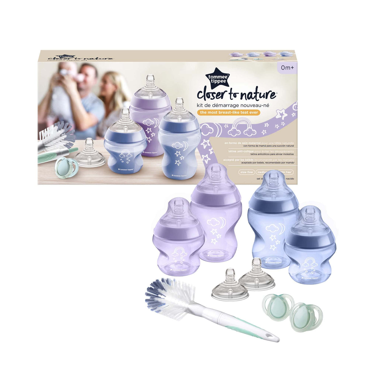 Tommee Tippee Closer to Nature Newborn Baby Bottle Starter Kit, Breast-Like Teats with Anti-Colic Valve, Mixed Sizes, Purple