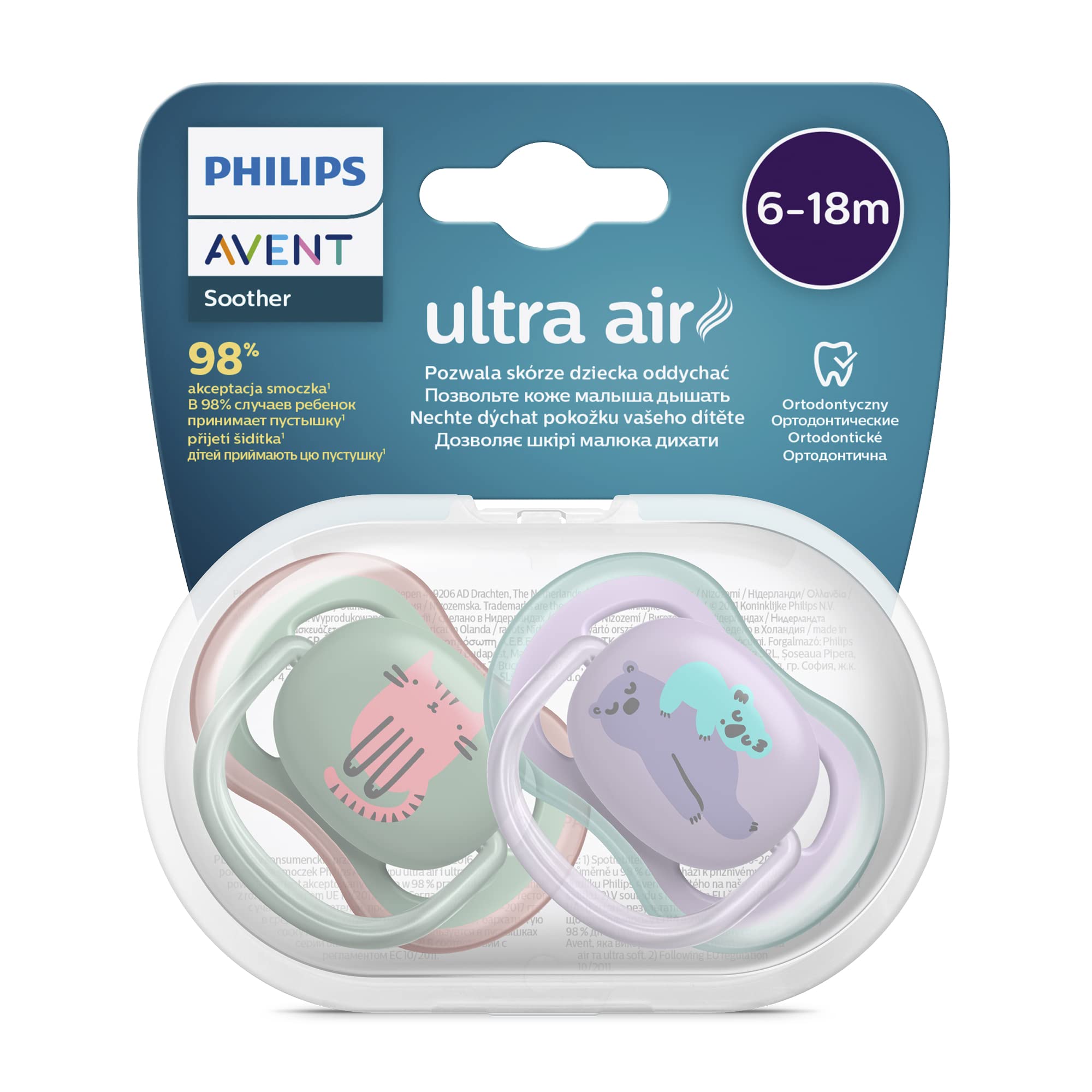 AVENT Philips Ultra Air Soother 2 Pack - BPA-Free Soother for Babies Aged 6-18 Months (Model SCF085/18)