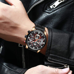 CURREN Mens Water Resistant Sport Chronograph Watches Military Multifunction Leather Quartz Wrist Watches - rose gold black