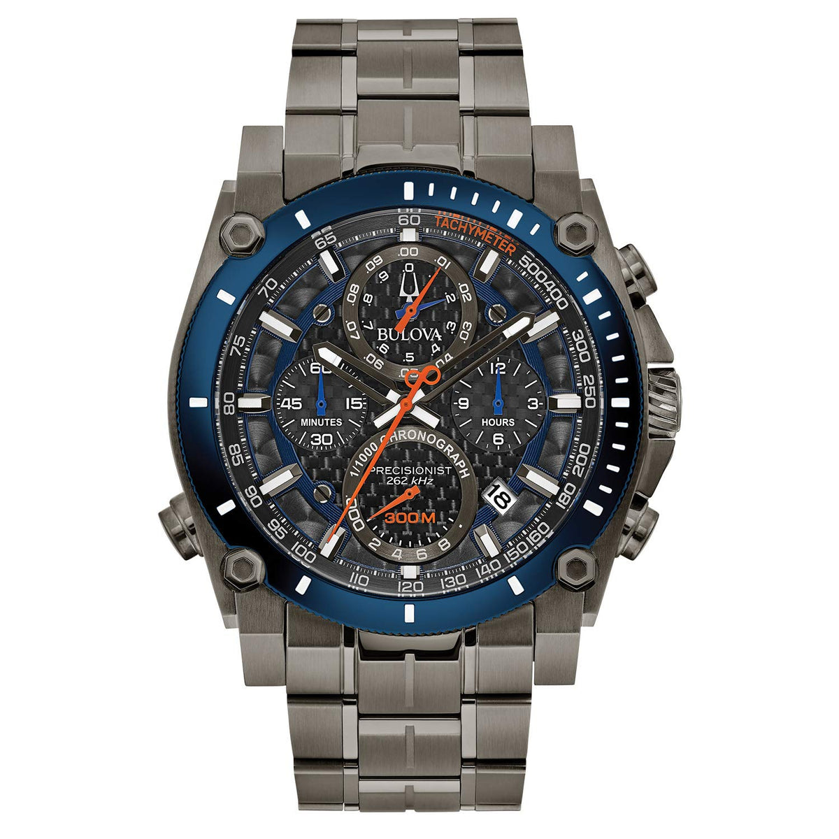 Bulova Men's Icon High Precision Quartz Chronograph Watch, Curved Mineral Crystal, 300m Water Resistant, Continuous Sweeping Secondhand, Luminous Markers - Grey Ion Plated/Blue and Orange Accents
