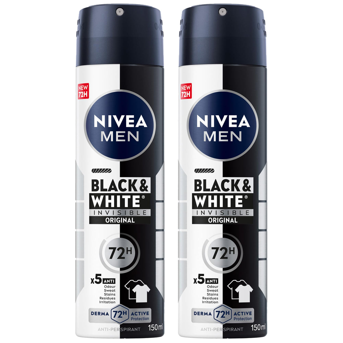 NIVEA MEN Black & White Invisible Antiperspirant Deodorant Spray, Original, 72H Active Protection, 5IN1, Anti-Odour, Sweat, Stains, Residues & Irritation, 2x150ml