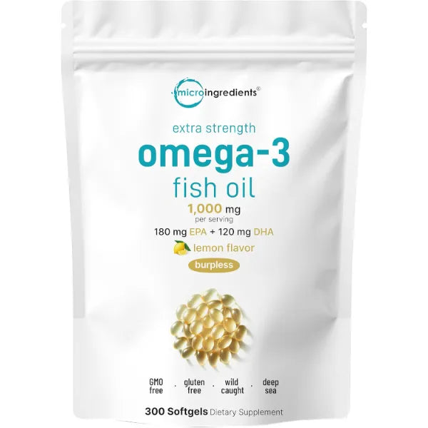 Micro Ingredients Extra Strength Omega-3 Fish Oil Supplements 1,000mg Per Serving, 300 Softgels | Lemon Flavored | Burpless | EPA 180mg + DHA 120mg | Deep Sea Fish