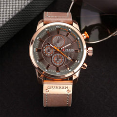 CURREN Men Leather Strap Military Watches Men's Chronograph Waterproof Sport Wrist Date Quartz Wristwatch Gifts, gold brown, Chronograph,Quartz Movement
