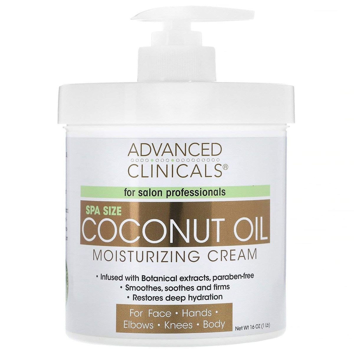 Advanced Clinicals, Coconut Oil Moisturizing Cream for Face, Hands, Elbows, Knees, and Body, Spa Size 454g