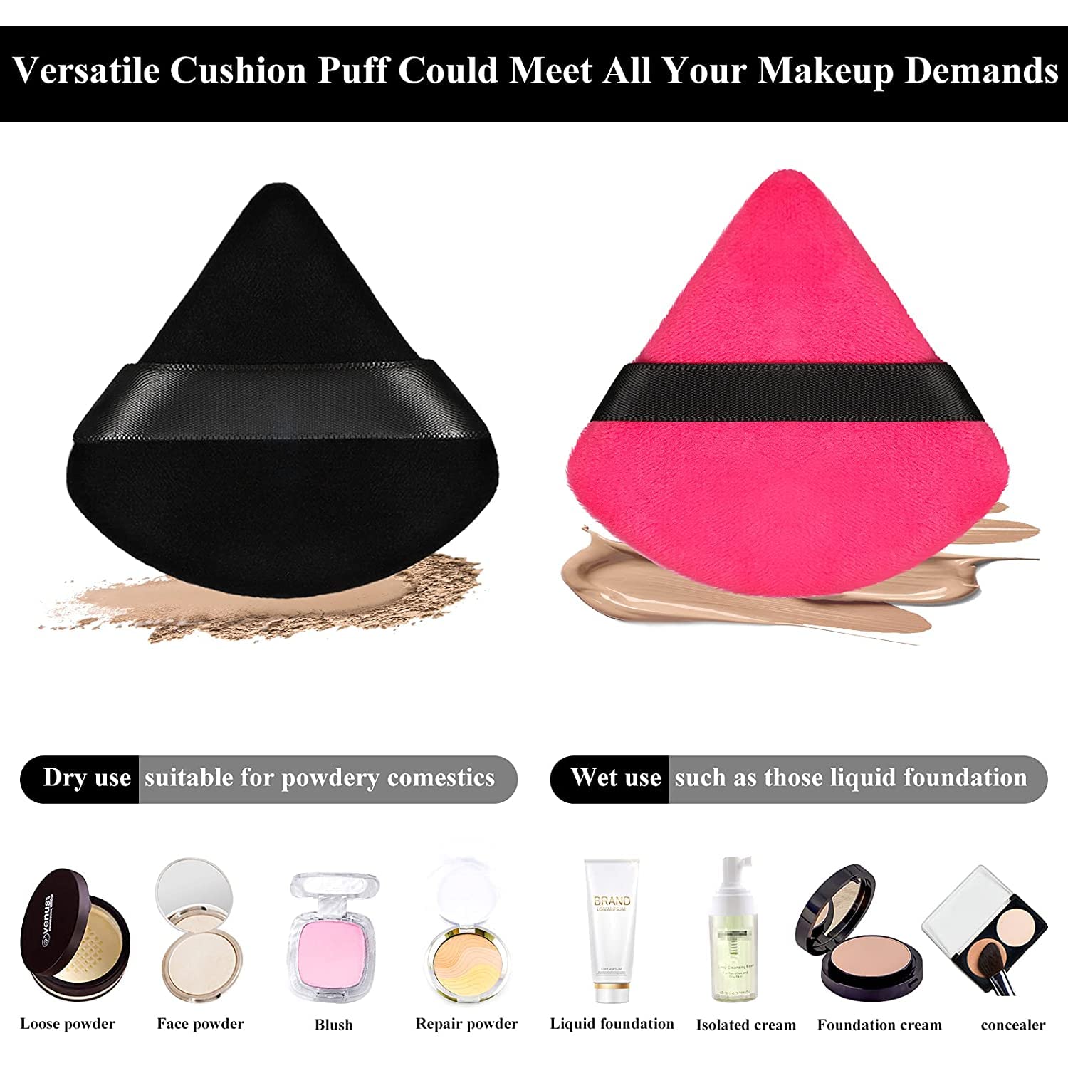 KASTWAVE Soft Triangle Makeup Powder Puff - Ideal for Loose & Mineral Powders, Contouring & Under Eyes, Includes Strap (Black & Rose Red)