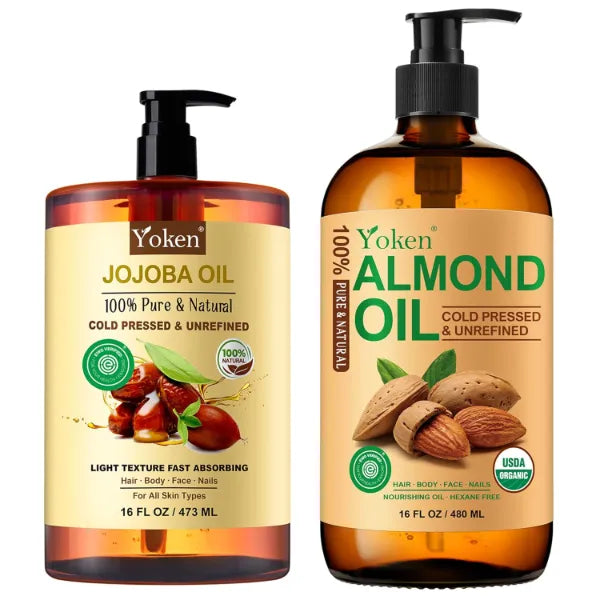 Yoken Almond Oil and Jojoba Oil Bundle 16 fl oz - 100% Pure Natural Cold Pressed Carrier Oils for Skin, Hair & Body - Certified Organic Moisturizing Oil