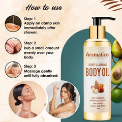 AROMATICO Luxurious Body Oil for Women, Honey & Almond. Hydrating & Nourishing, for Daily Use After Shower, Bath Oil, Massage Oil. Glowing Skin Formula. Non-Greasy, 100% Natural- 200ml