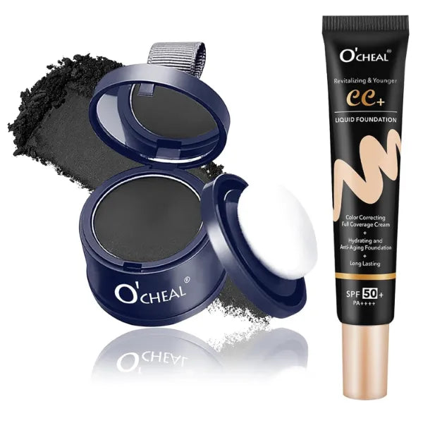 O'CHEAL Nature Color Full Coverage Lightweight CC Cream and Black Hairline Powder Root Touch Up Hair Color for Gray Hair Coverage