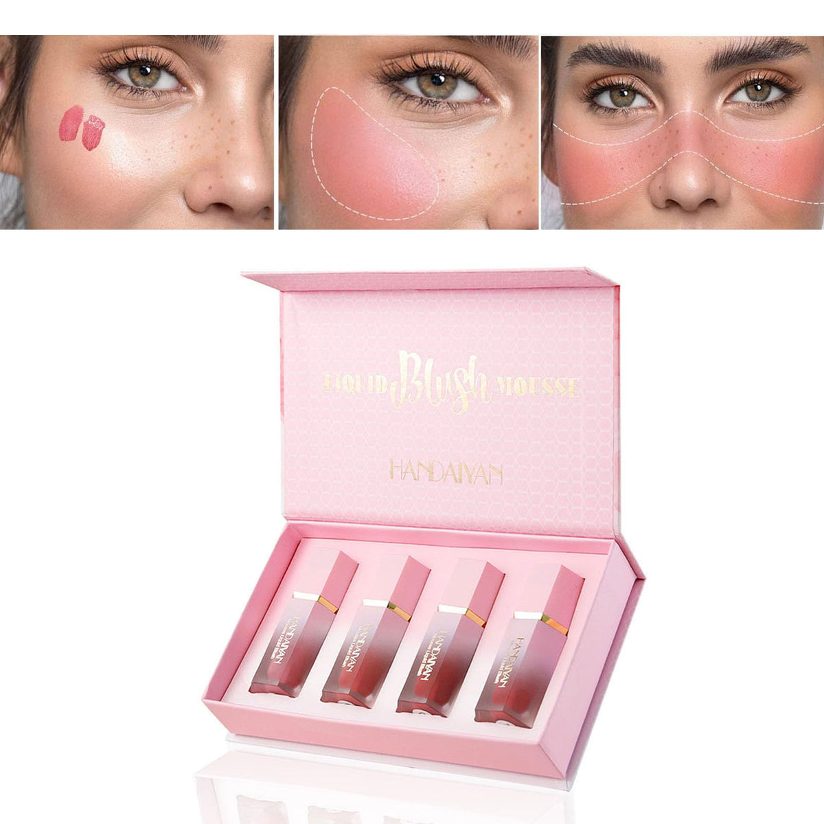Mousse Liquid Blush For Cheeks Cream Face Blusher Set Stick with Sponge Palette Bronzer Highlighter Shape Contour Moisturizing And Breathable Matte Finish Long-wearing Waterproof For Women Makeup(A)