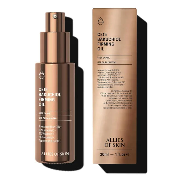 Allies of Skin CE15 Bakuchiol Firming Face Oil | Deeply Hydrating Retinol Alternative for Youthful Skin, 21 Active Ingredients with 10% Vitamin C, 5% Vitamin E and CoEnzyme Q10 - 1 fl oz
