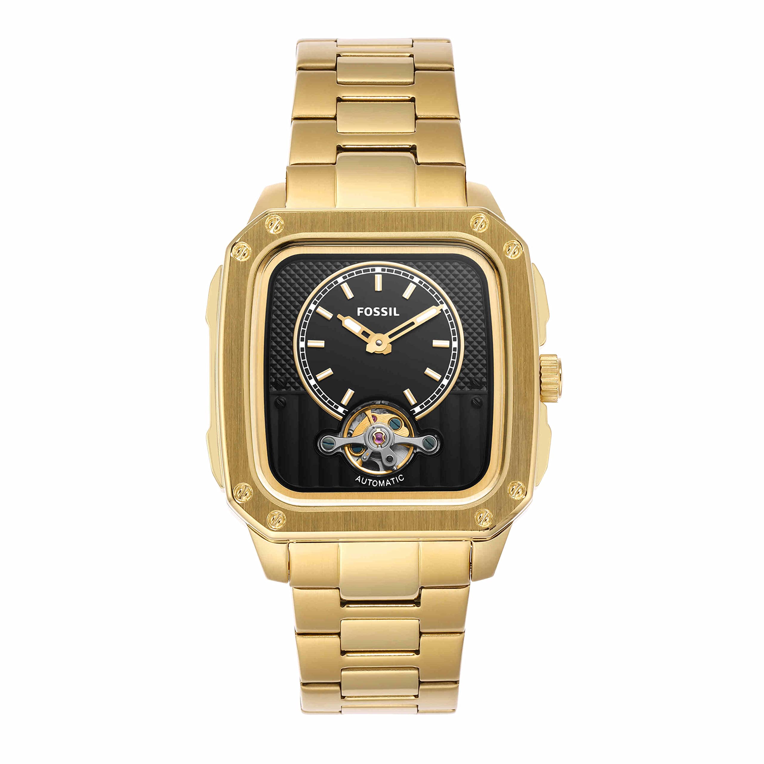 Fossil Inscription Men's Watch with Square Case and Stainless Steel, Silicone or Leather Band Gold Auto