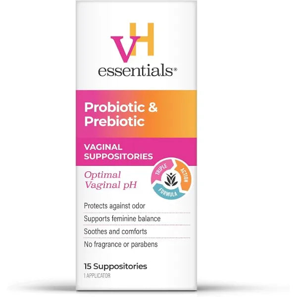vH essentials Prebiotic pH Balanced Vaginal Suppositories, 15 Count Prebiotic Formula with Probiotics, Lactic Acid, Vitamin E, Hyaluronic Acid, Helps Protect Against Odor, Fragrance Free