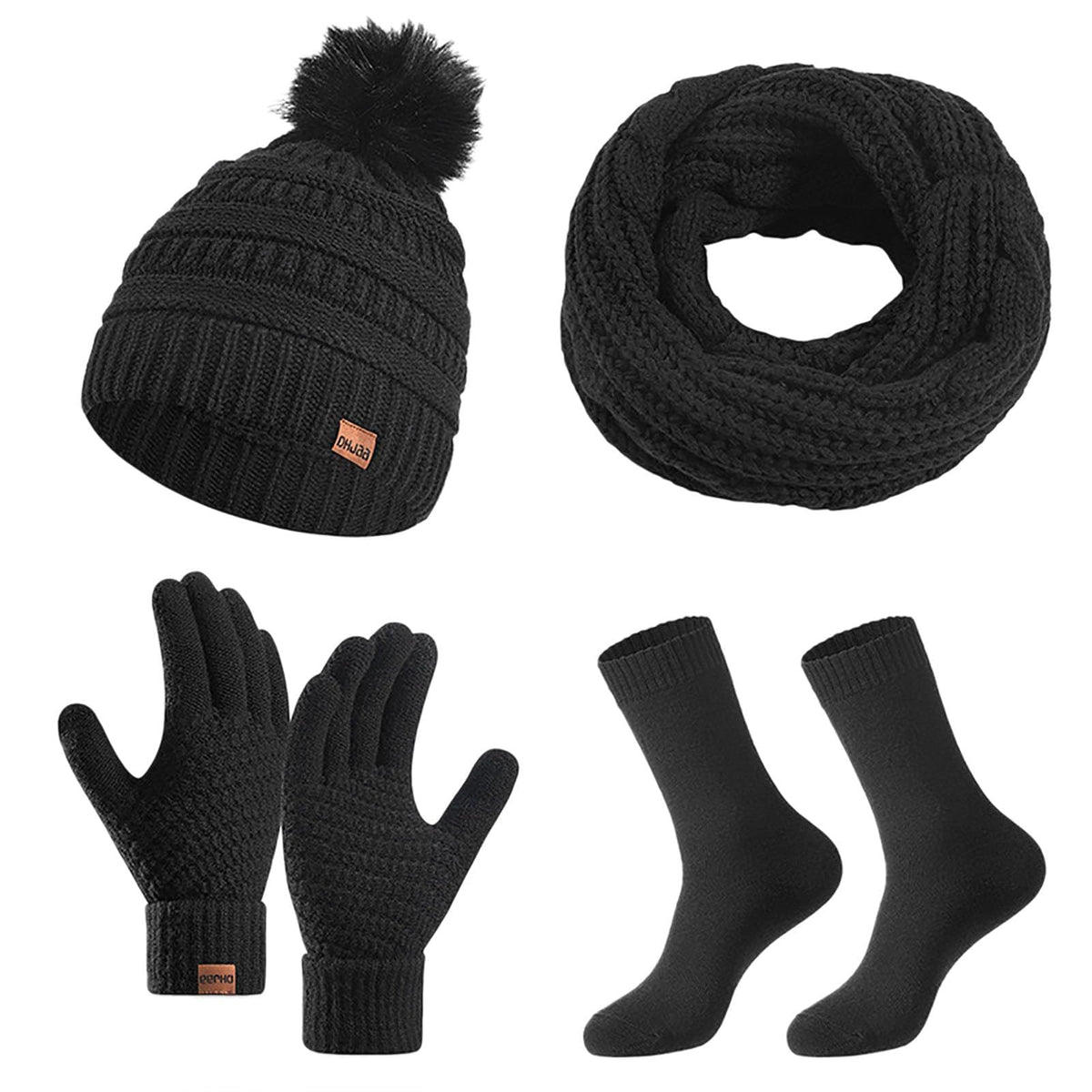 Cybrixus Winter Beanie Hat Scarf Touchscreen Gloves Set Knit Thick Fleece Lined Warm T Gloves Beanie Scarf Set for Men and Women Women Winter Hats 3 Piece Warmer Set, One Size - Black