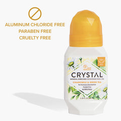 Crystal Essence Mineral Roll on Vegan Deodorant for Women and Men, Chamomile & Green Tea - 2.25 fl. oz. (Packaging May Vary)