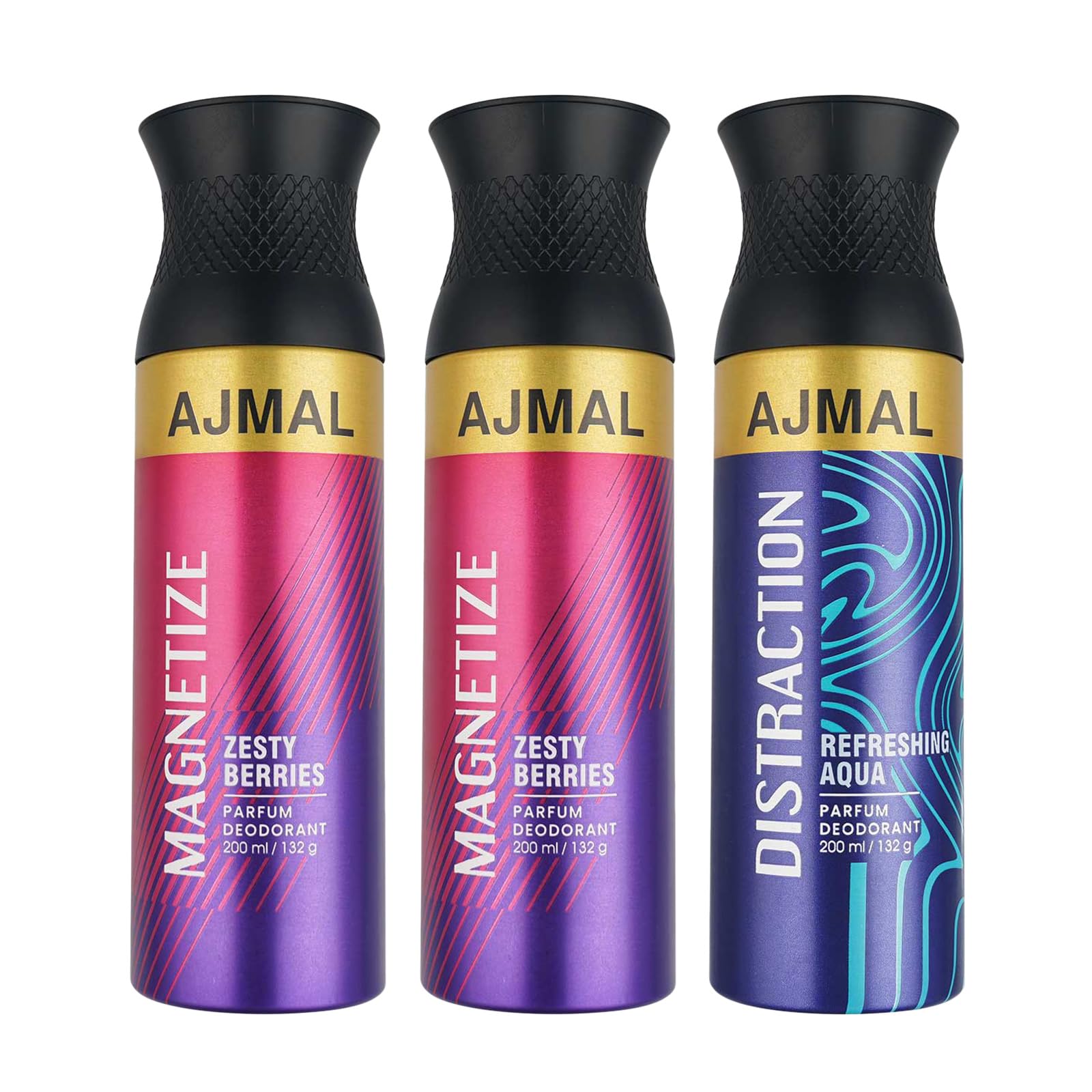 Ajmal 2 Magnetize & Distraction Deodorant Combo Pack of 3 Deodorants 200ml each (Total 600ML) for Men & Women + 4 Parfum Testers