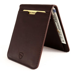 Vaultskin MANHATTAN Slim RFID Blocking Bifold Leather Wallet for Men - Minimalist Front Pocket Card Holder, Holds 9 Cards & Cash, Premium Italian Leather - Brown