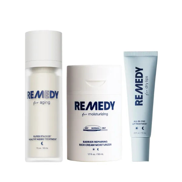 Remedy The Anti-Aging Trio | Complete 3-Piece System | Healthy Aging Treatment, Rich Moisture Cream & Lip Balm | Retinol, Ceramides, Peptides, Niacinamide | Vegan