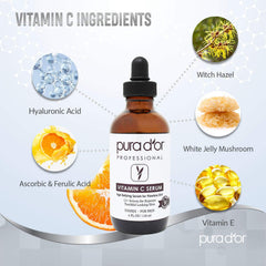 PURA D'OR Vitamin C Serum (4oz / 118mL) Hyaluronic Acid & Retinol + 0.25mm Derma Roller Microdermabrasion Complete Skin Care Cosmetic Kit For Face & Eyes, Dark Spots, Acne, Wrinkles, For Men & Women