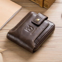 BULLCAPTAIN Genuine Leather RFID Wallet for Men Large Capacity ID Window Card Case with Zip Coin Pocket QB-231, Coffee, S, Minimalist