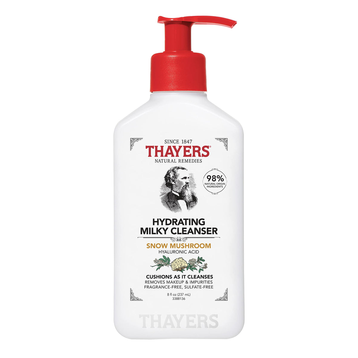 Thayers Milky Hydrating Facial Cleanser with Snow Mushroom and Hyaluronic Acid, Dermatologist Recommended, Gentle Facial Wash and Skin Care for Dry and Sensitive Skin, Paraben Free, 8 fl oz