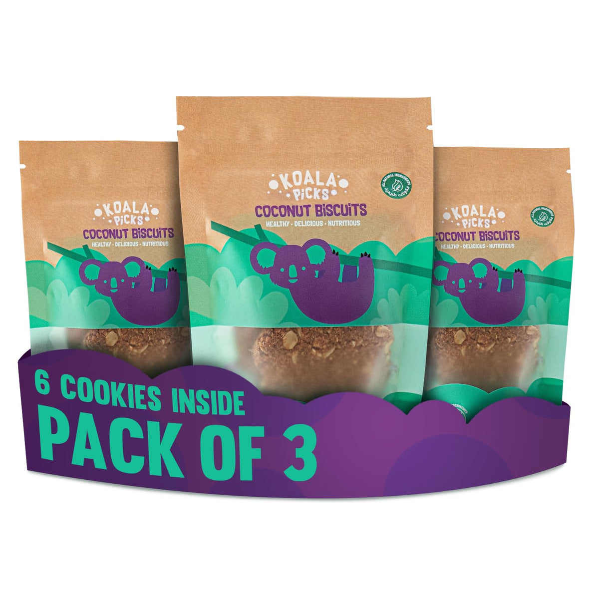 Koala Picks 6pcs Coconut Cookies – Healthy Snack for Kids & Adults – No Preservatives – Made with Coconut, Oats & Date Powder – 3 Packs of 2 Cookies – Nutritious Biscuits for Lunchbox