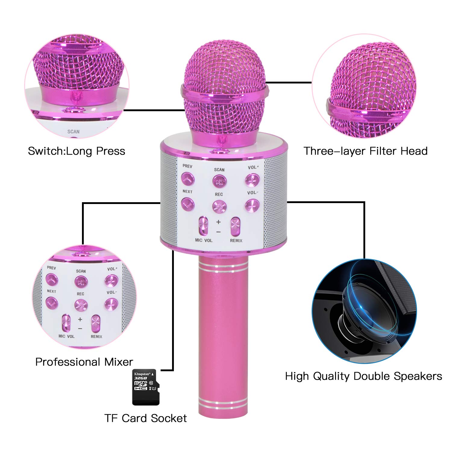 Keyian Gifts for Girls Age 4-10, Wireless Bluetooth Karaoke Microphone for Kids Girls Gifts for 5-10 Year Old Girls Toys for 5-10 Year Old Girls Boys Pink KIBM1