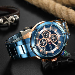 CURREN Mens Watches, Quartz Analog Calendar,Wrist Watch for Men, Fashion Waterproof Stainless Steel Band-Blue