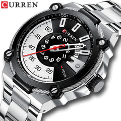CURREN Men's Wrist Watch, Analogue, Exclusive, Modern, Elegant, Formal, Work, with Rotating Time Circle, Stainless Steel, Adjustable, Butterfly Safety Brooch, Silver, M, formal