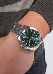 Guess Champ Analog Watch Box Set for Men, 44 mm Case Width, Silver Tone/Green